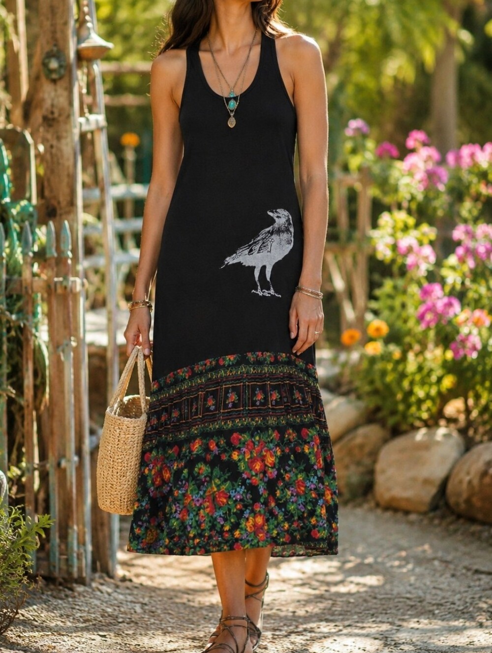 Fused Hawaii Black Raven Graphic Maxi Tank Dress Floral Hem Boho Festival Hawaii